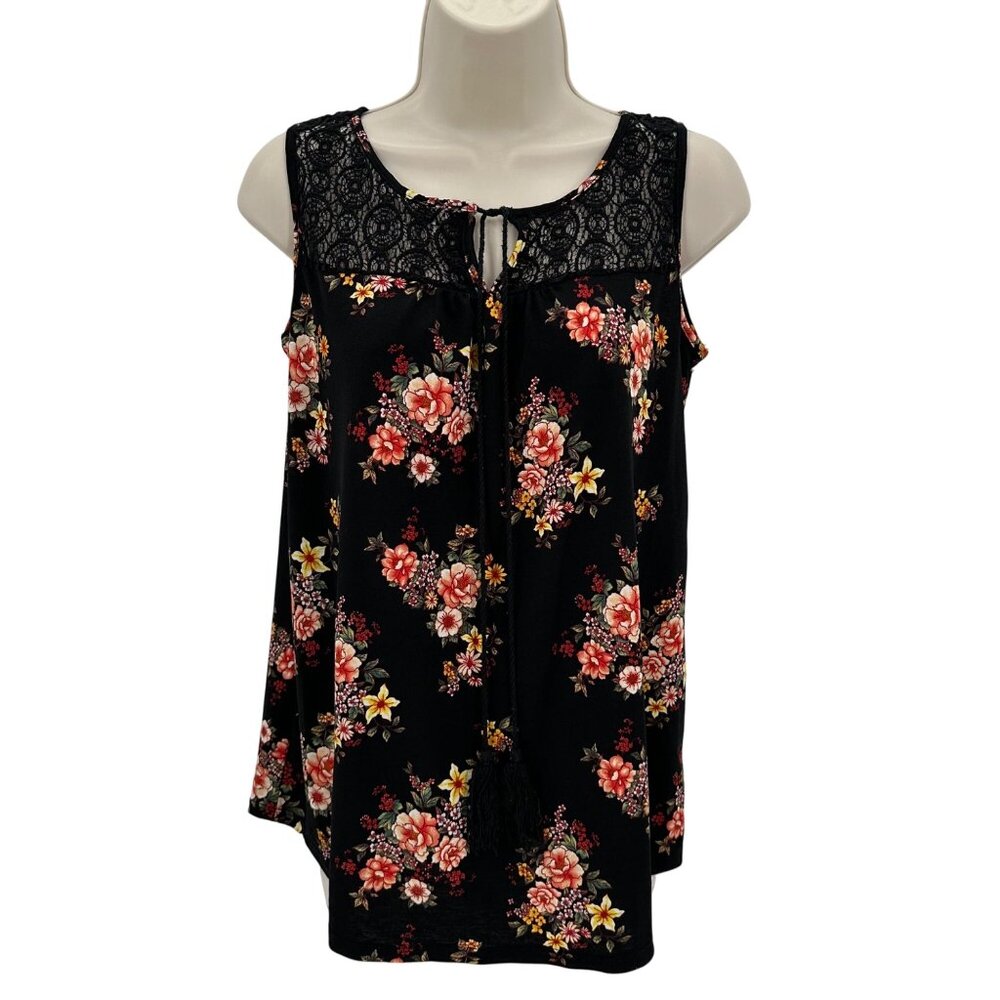 Tutta Bella Maternity Floral Sleeveless Blouse Lace Detail Black Multi S